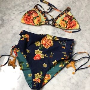 Agua Bendita Floral Bikini Set with Strappy Top bottom reversible Size M